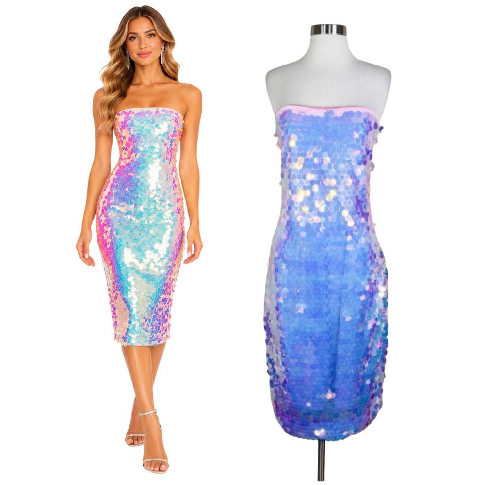 Susana Monaco | Revolve Disco Pink Iridescent Sequin Strapless Midi Dress XL